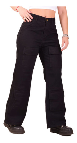 Pantalon Cargo Mujer Jean Wide Leg Tiro Alto Corte Ancho