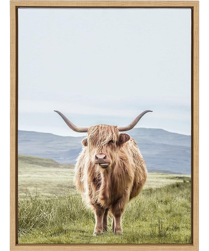 Kate Y Laurel Sylvie Highland Cow Mountain Landscape Framed 
