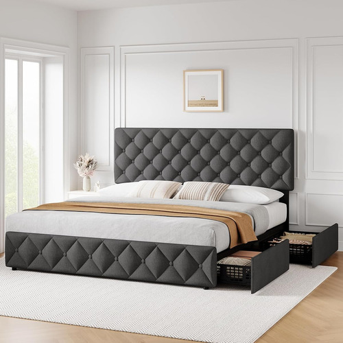 Base De Cama Idealhouse King Size Tapizada En Lino Grey