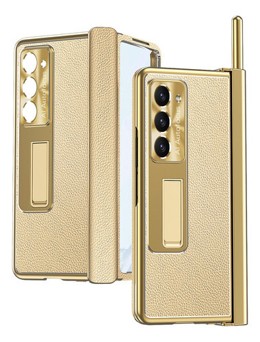 Capa e caneta para Samsung Z Fold 5/4/3 de couro magnético Gold Color Fold 5