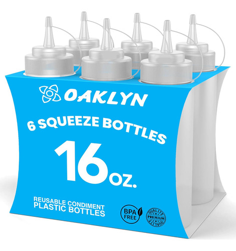 (6pk) 14 Oz Plastic Squeeze Squirt Condiment Bottles Wi...
