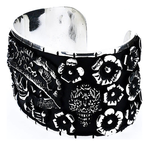 Brazalete De Plata 925 Oxidado De Catrina Con Flores Color Plateado Diámetro 6 Cm