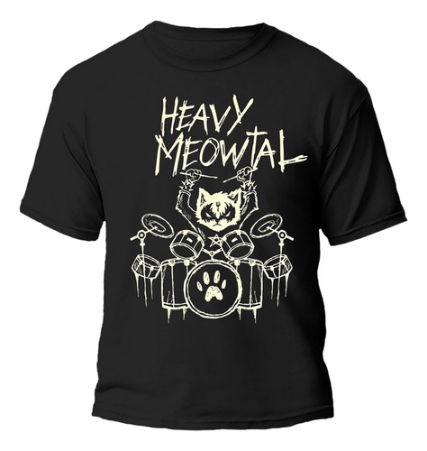 Remera Heavy Meowtal Gato Baterista 100% Algodon