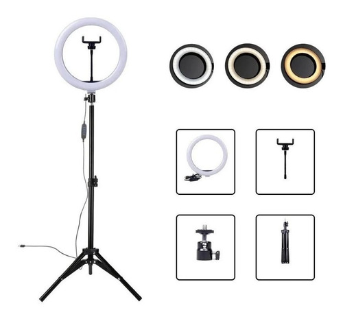 Ring Light Premium 26cm 10pol  + Tripé 2m + Suporte Celular Cor Da Estrutura Preto Voltagem 110v/220v