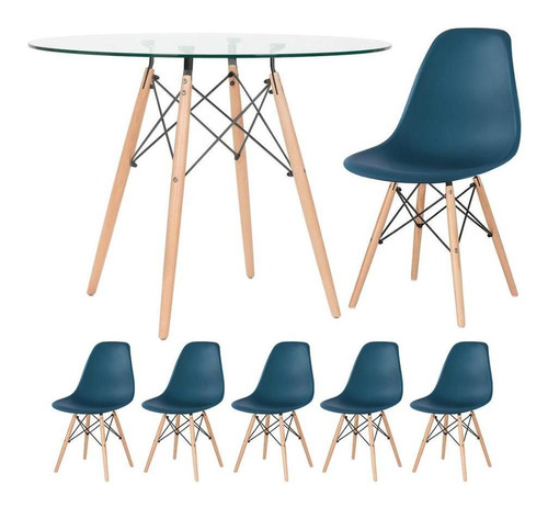 Kit - Mesa Eames Tampo Vidro 100 Cm + 5 Cadeiras Eiffel Dsw Cor Azul-petróleo