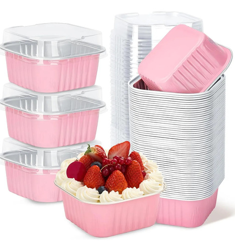Banna 50 Molde Aluminio Desechable 300ml Con Tapa, 10 Oz/300ml Moldes Para Tartas, Moldes Cuadrados De Foil Para Tartas De Bodas, Fiestas Y Cumpleaños, 11.2 * 11 .2* 4 Cm , Rosa