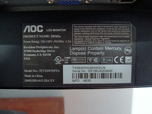 Monitor Aoc 20 Pulgadas (Usado)