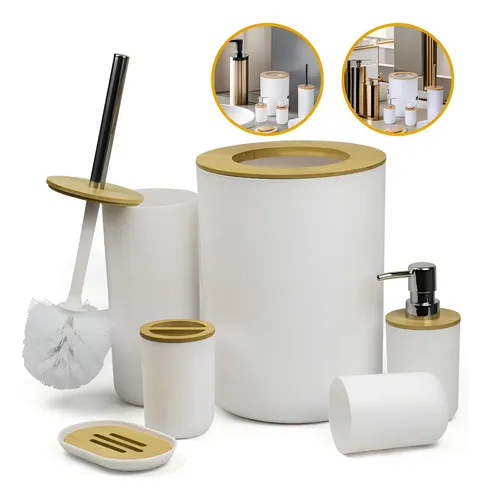 Kit Banheiro Bambu E Plástico Branco Com 6 Peças Para Lavabo