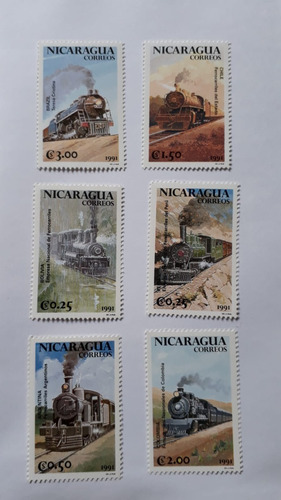 6 Sellos Postales Trenes Nicaragua 1991