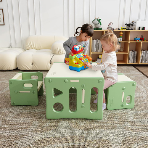 Mesa Y 2 Sillas De Plástico Para Niños Color Verde