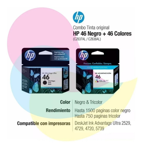 Imagen 2 de 6 de Cartuchos Hp 46 Negro + 46 Colores - Inkadvan 2529 4729 4720
