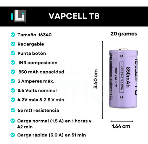 2 Baterias 16340 Vapcell Inr16340 850mah 3a Rcr123a
