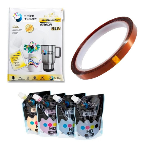 Kit 4 Tintas Sublimación Color Make 125 Ml + Papel + Cinta