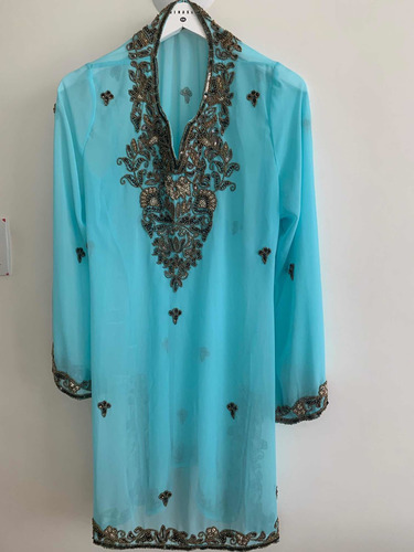 Kaftan Organza Azul Turquesa Bordada Em Dourado