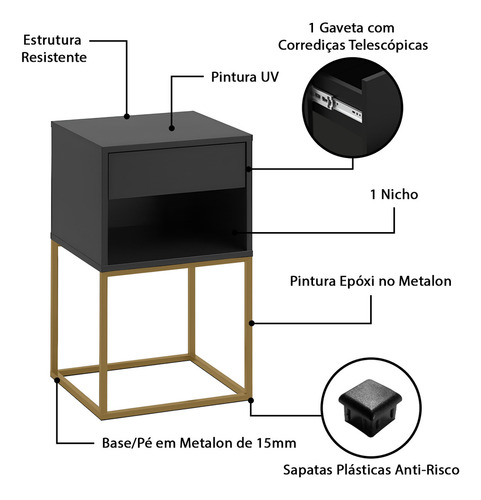 Cabeceira Ripada Casal Queen King Com 2 Mesas De Cab 1 Gavt Cor Nature | Preto/pé Dourado