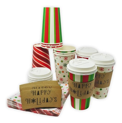 Tazas De Papel Desechables De Navidad De 16 Oz Con Tapas De