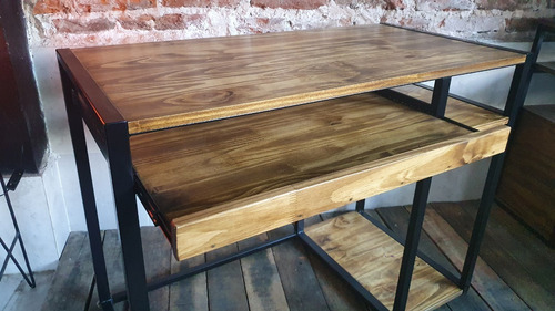 Imagen 4 de 10 de Mesa Pc Industrial Hierro Y Madera + Bandeja Teclado 100x50