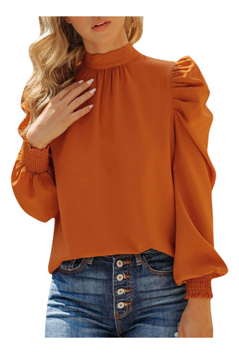 Blusa Tipo Camisa Elástica De Manga Larga Con Cuello