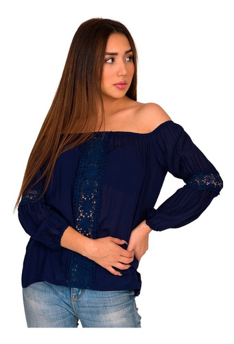 Blusa Moda Mujer Campesina Manga Larga Detalle Encaje M704