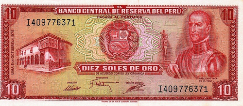 Billete Peru - 10 Soles De Oro - 1975 - Unc - En Mendoza