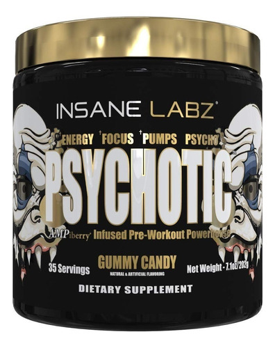 Suplemento en polvo Insane Labz  Psychotic Gold cafeína sabor caramelo gomoso en pote de 203g