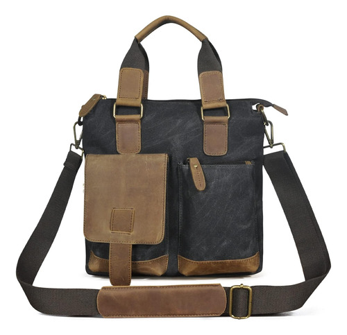 Leaokuu, Bolso Cruzado De Lona Y Cuero Genuino Para Hombre, 