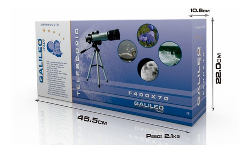 Imagen 4 de 4 de Telescopio Refractor F400x70 Con Estuche Galileo Italy Full Color Plateado