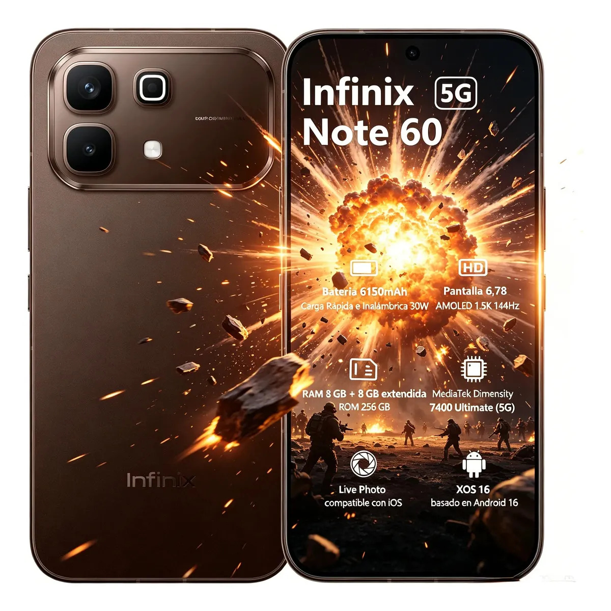 Celular Infinix Note 60 5G 16GB RAM: 8GB+8GB Extendible 256GB ROM, 6,78'' AMOLED 144Hz 1.5K, 6150mAh 30W Inalámbrica 45W Carga Rápida, Ai Smartphone Dual SIM, Cámara 50MP+13MP Live Photo, Café Moka