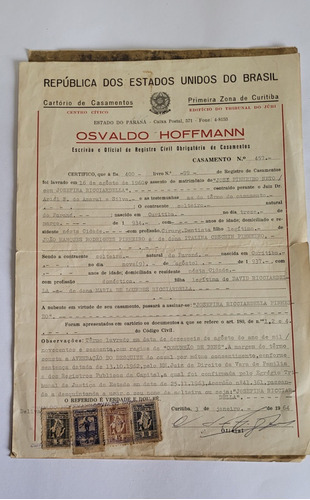 Documento Antido Certidão De Casamento 1964 C/ Selos