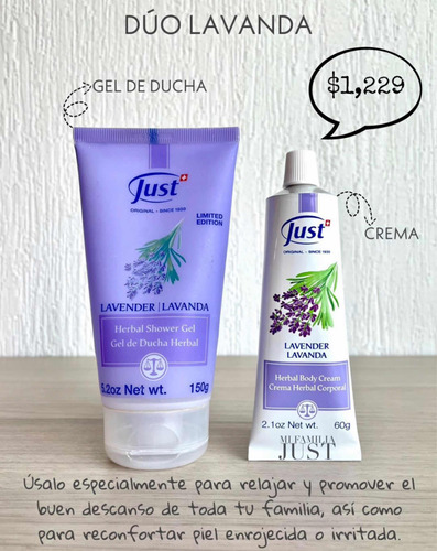 Gel De Ducha 150g Y Crema De Lavanda 60g Swiss Just + Sachet