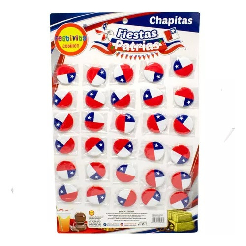 Pack X30 Chapitas Chile Fiestas Patrias Celebración 3.8 Cm