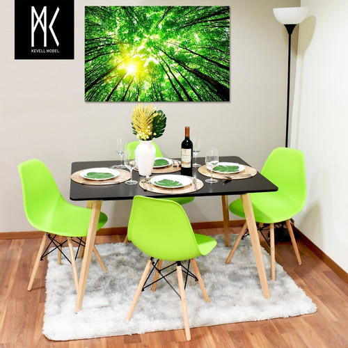 Comedor Minimalista Eames Mesa Negra + 4 Sillas Verdes Limon