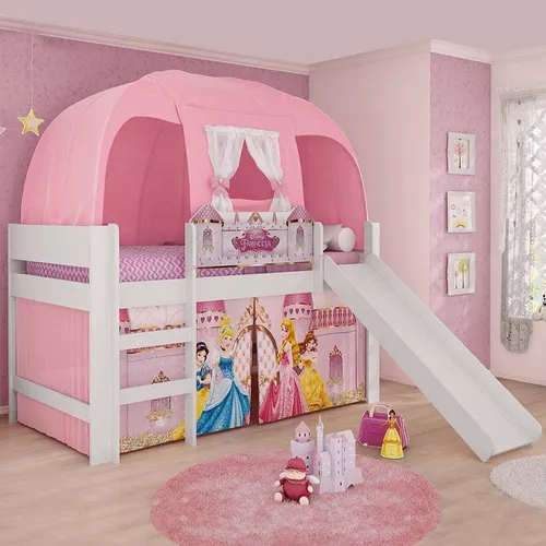 Cama Barbie Play com Escorregador e Barraca Pura Magia Branco com