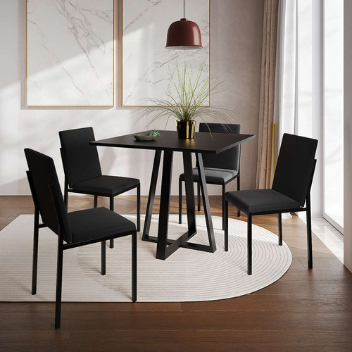 Conjunto De Mesa De Jantar Com 4 Cadeiras Mônaco Veludo P... Cor Preto