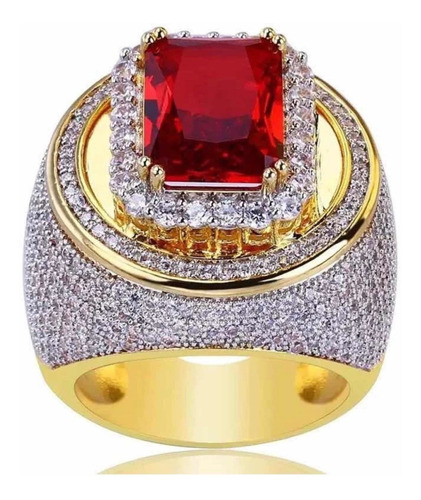 Anillo Unisex Dorado Con Circonita Y Piedra Roja Al Centro.