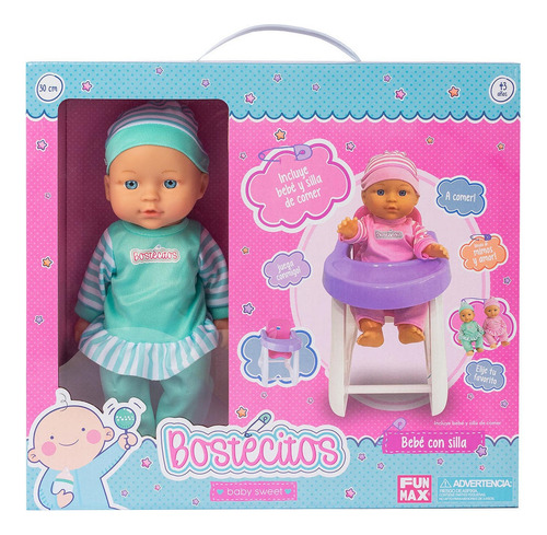 Bella Muñeca Bebe Bostecitos Con Silla De Comer