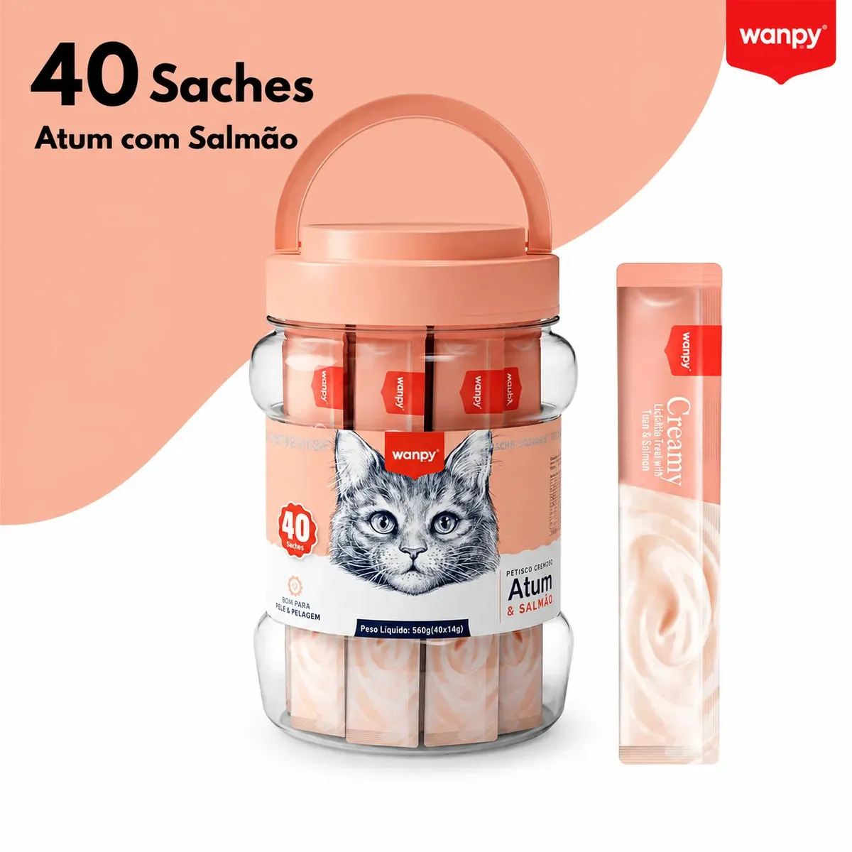wanpy truly petisco para gatos cremoso sabor atum c salmão 40unid 560g
