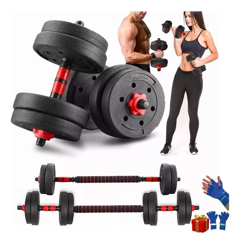 Mancuernas Pesas Y Barra Recta Ejercicio Kit Ajustables 15kg Rojo