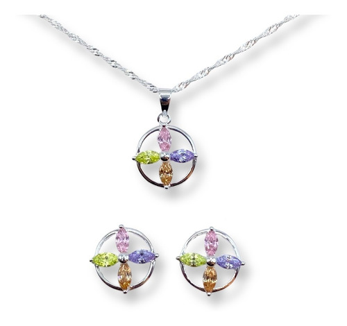 Conjunto Collar Aros Flor De Colores Plata 925 Mas Estuche