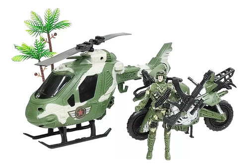Set De Juguete De Militar Helicoptero Moto Soldado