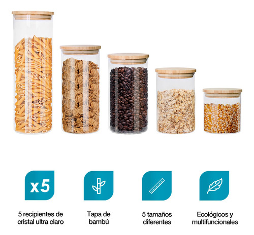 Recipientes Herméticos De Vidrio Con Tapa De Bambú 5 Piezas