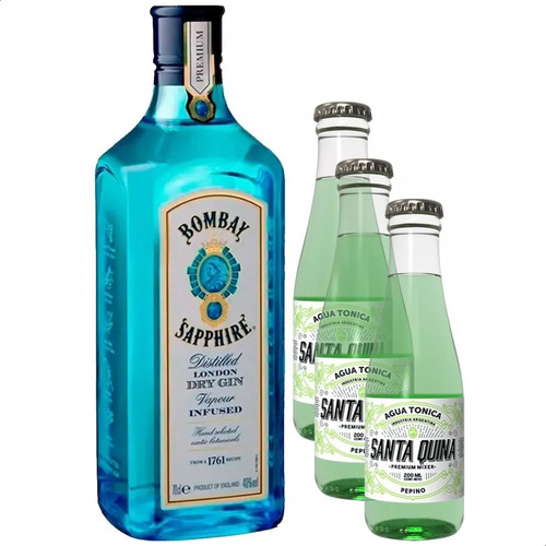 Gin Bombay Sapphire 750ml + 3 Agua Tónica Santa Quina 200ml 