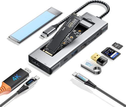 Hub Essager 8 en 1 USB-C Nvme SATA SSD Hdmi 4K Pd 100 W Tf SD Hub