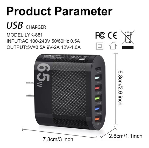 Cargador Usb 65 W Carga Rápida 5 Usb A + 1 Usb C