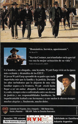 Wyatt Earp Vhs Kevin Costner Dennis Quaid Gene Hackman (Usado)