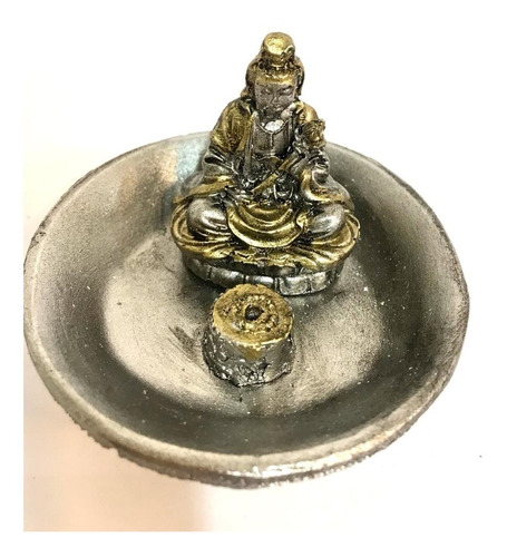 Porta Sahumerio Kwan Yin Plata Oro 6,5 X 9 Cm Resina