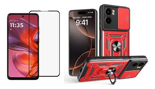 Funda Anillo Cubre Cámara + Templado Para Moto G05 / E15 Rojo Reforzada Anillo V3