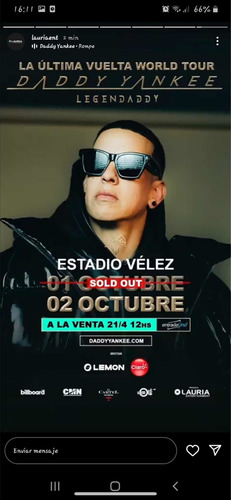 Entradas Daddy Yankee Vélez Platea U Fila 1valor X 2