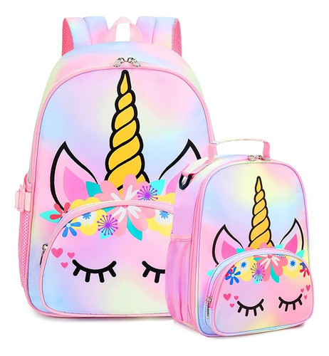 Mochila Escolar Unisex Con Lonchera - Unicornio Arco Iris