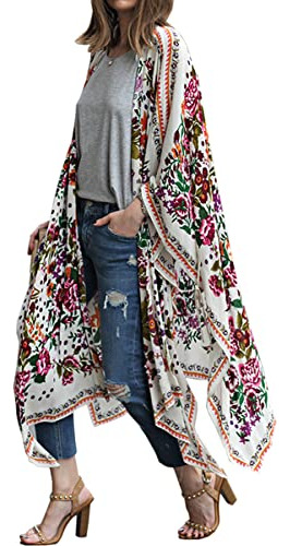 Hibluco Cárdigan Kimono Floral De Gasa Transparente Para Muj